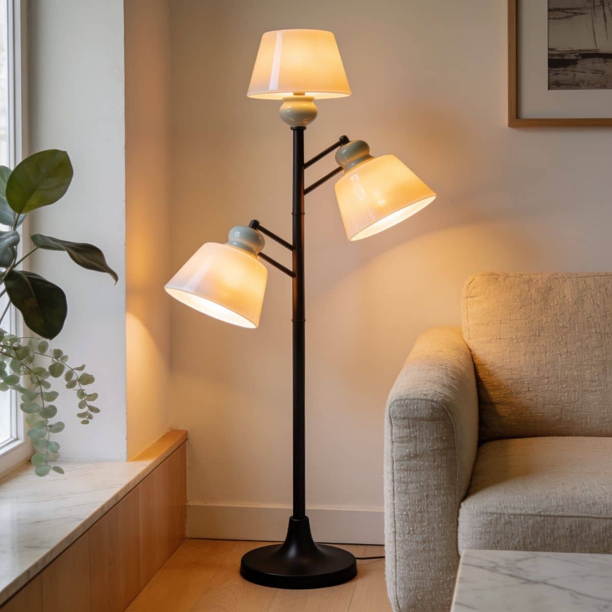 multi-head tree floor lamp with three adjustable warm lights