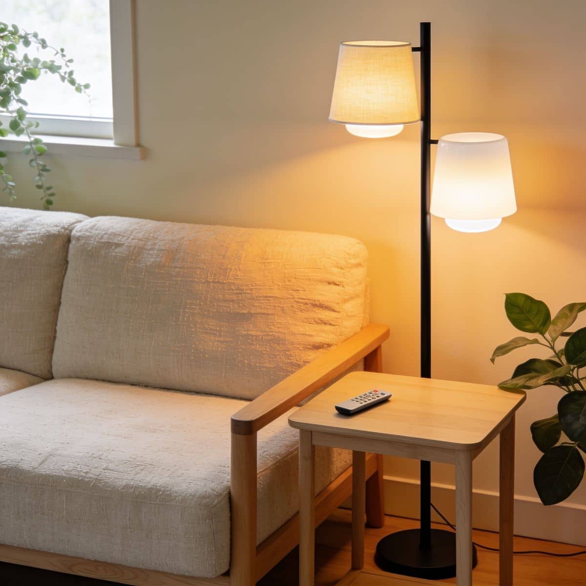 modern dimmable LED floor lamp set to a low warm glow