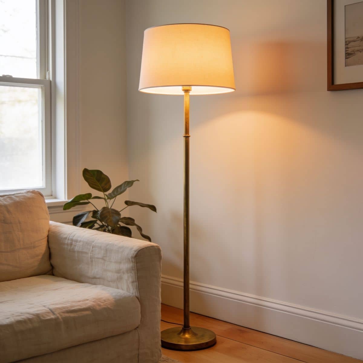 simple stick floor lamp with a warm drum shade in a living room