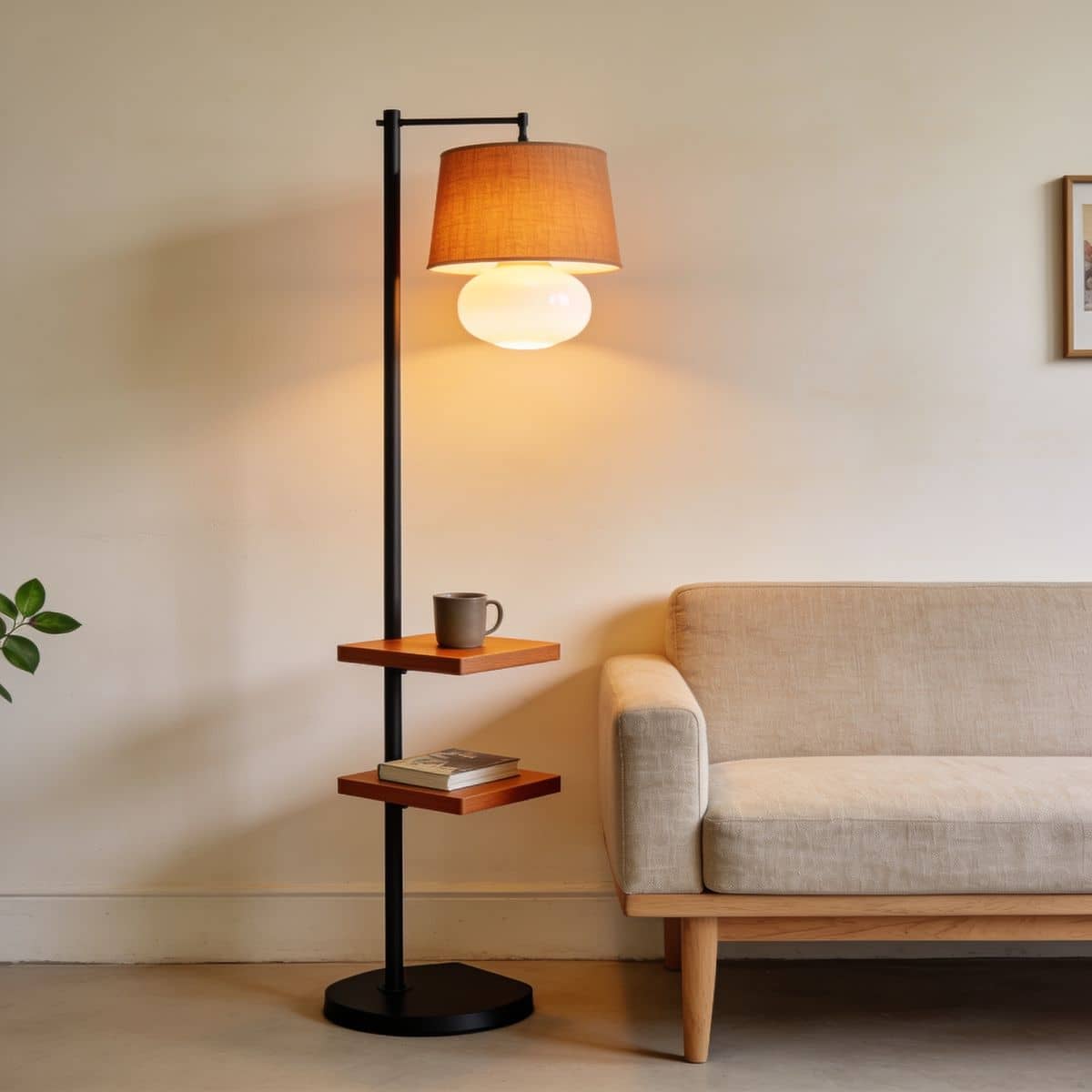 floor lamp with built-in wood shelves beside a small-space sofa