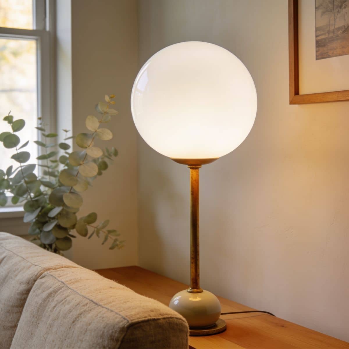 mid-century globe floor lamp with a warm opal glass shade