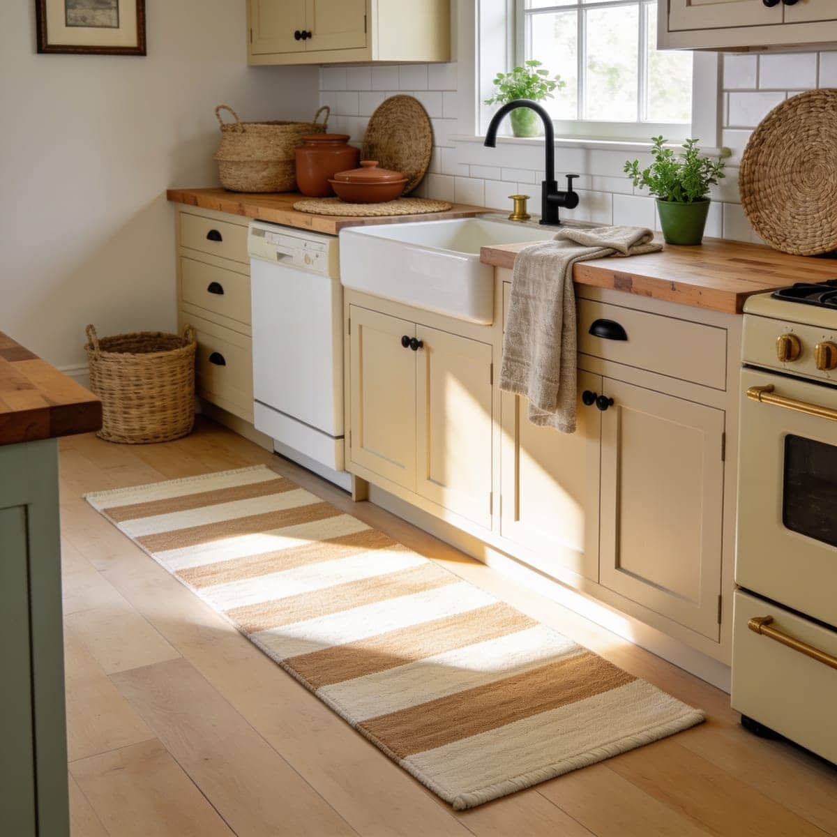 washable cotton kitchen runner in a warm neutral stripe