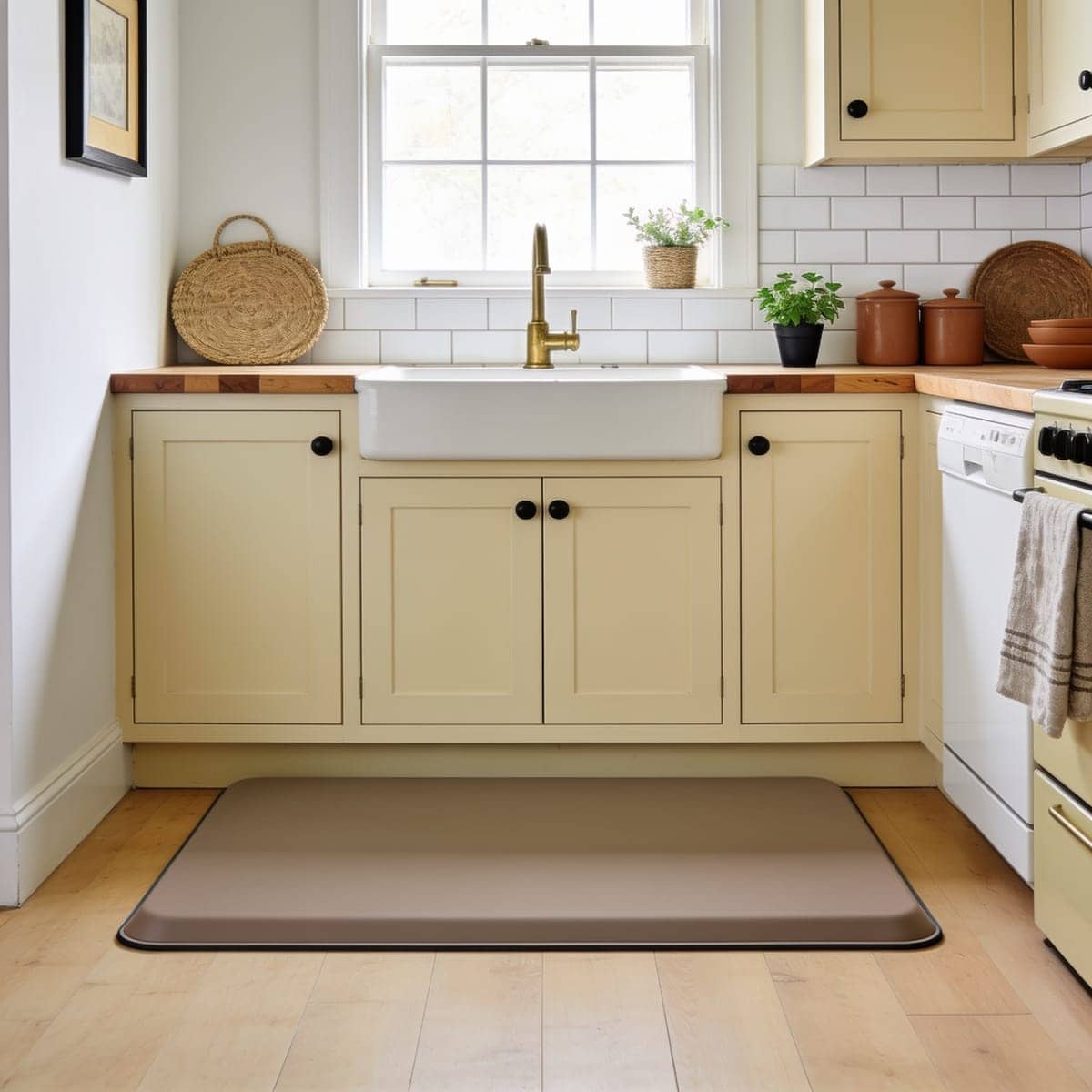 cushioned anti fatigue mat in front of a kitchen sink