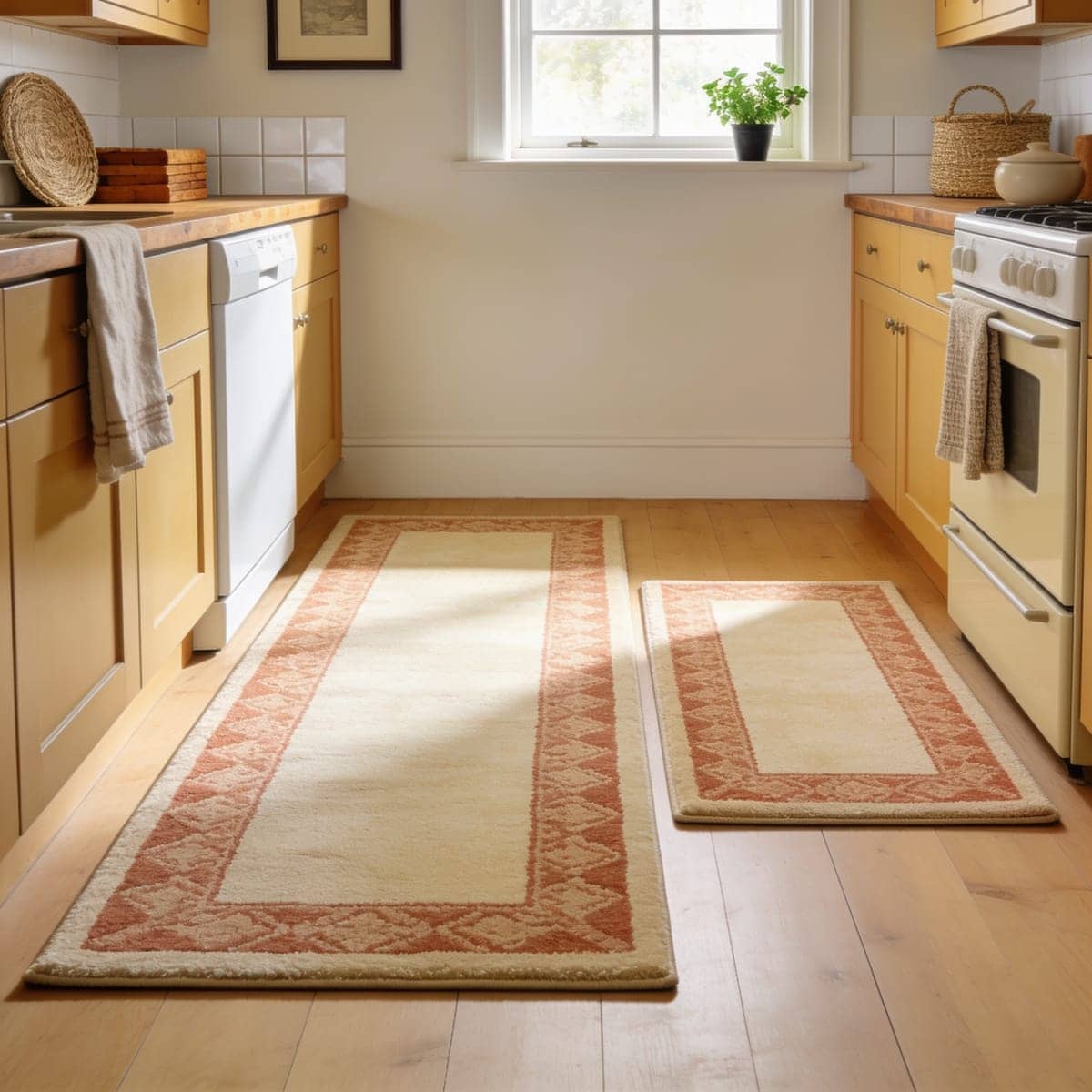 matching two piece kitchen rug set by the counter and sink