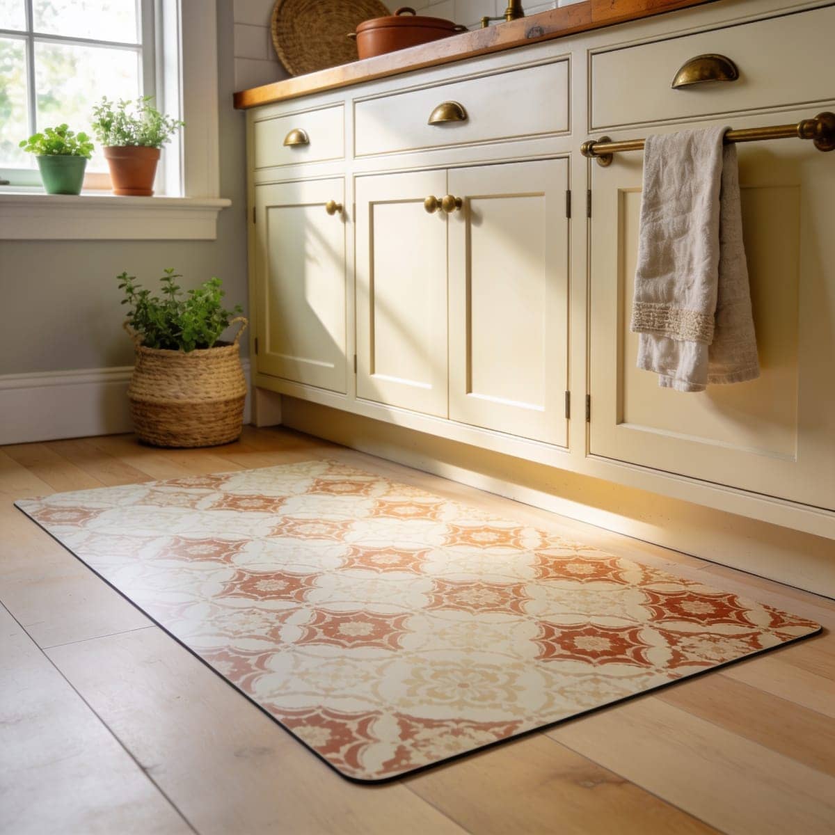 wipeable vinyl kitchen floor mat with a printed pattern