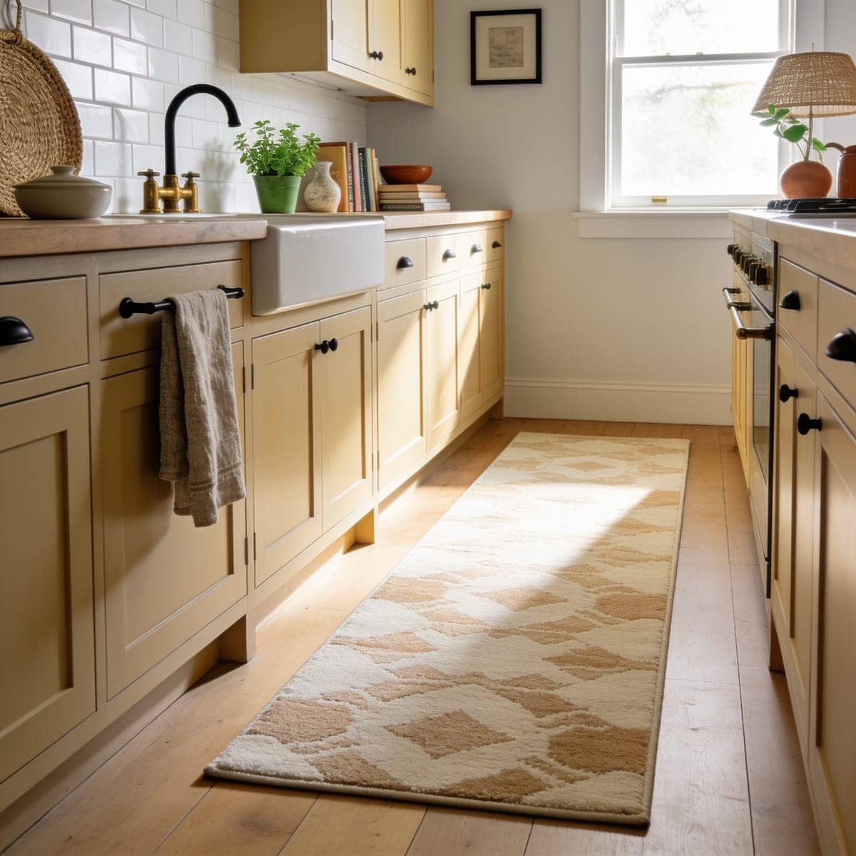 extra long runner rug down the length of a galley kitchen