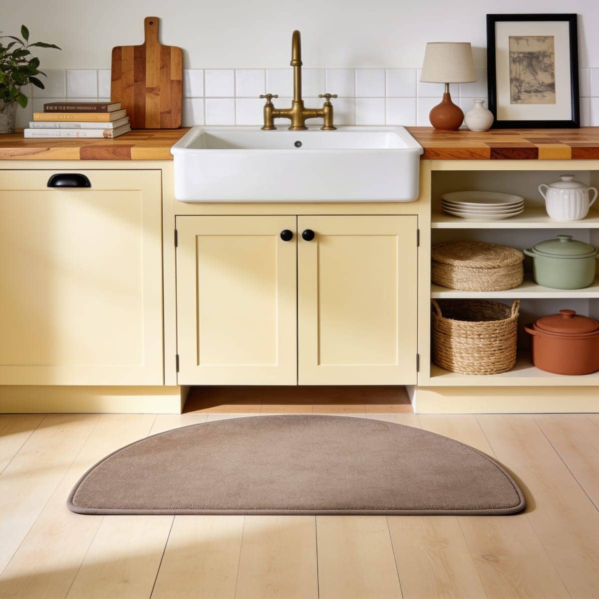 small half moon cushioned mat in front of a kitchen sink