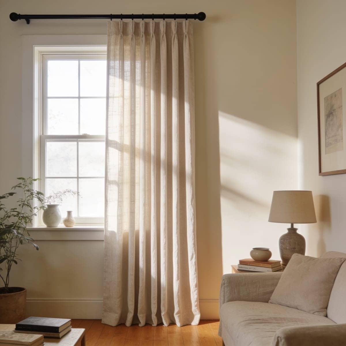 oatmeal linen-look curtain panel hanging in daylight