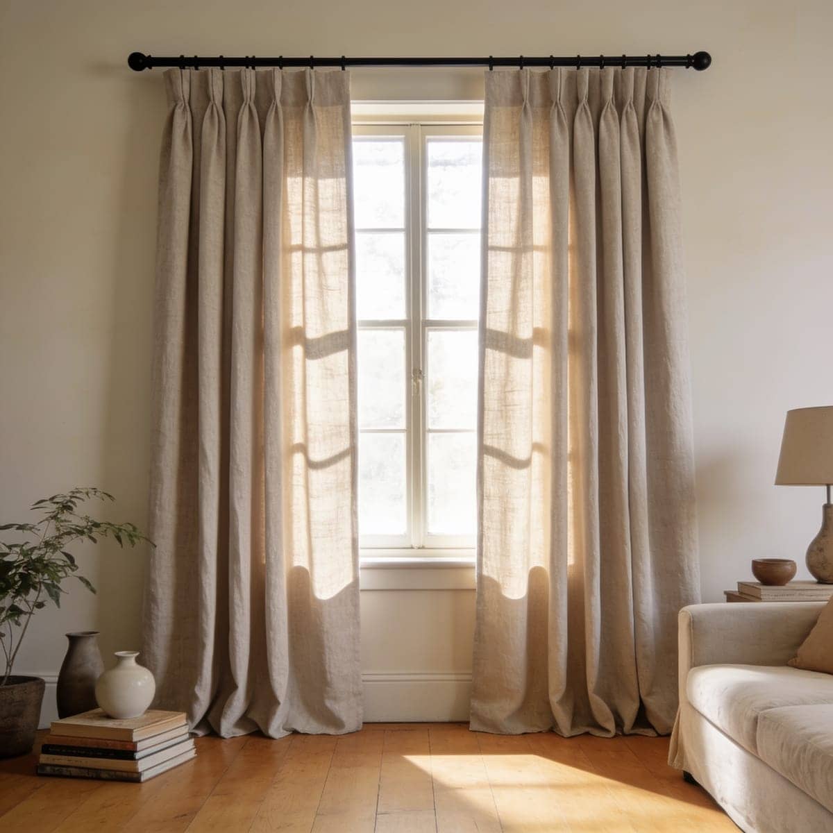 wide curtain panel gathered on a rod showing deep folds