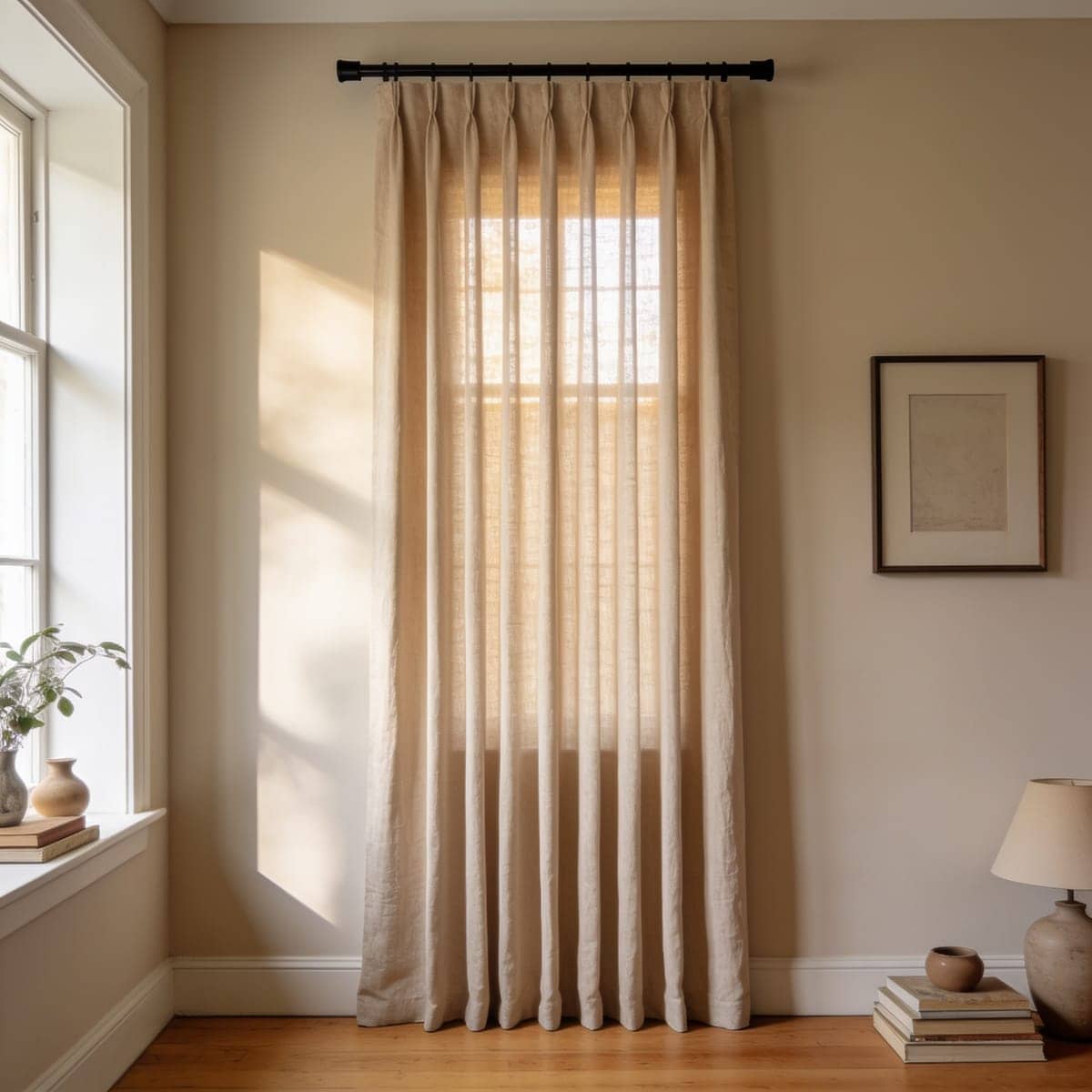 extra long curtain running from near the ceiling to the floor