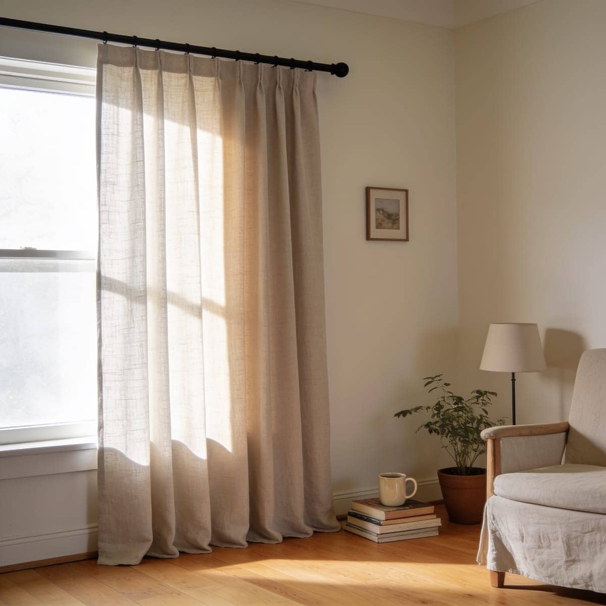 room darkening curtain half drawn across a bright window