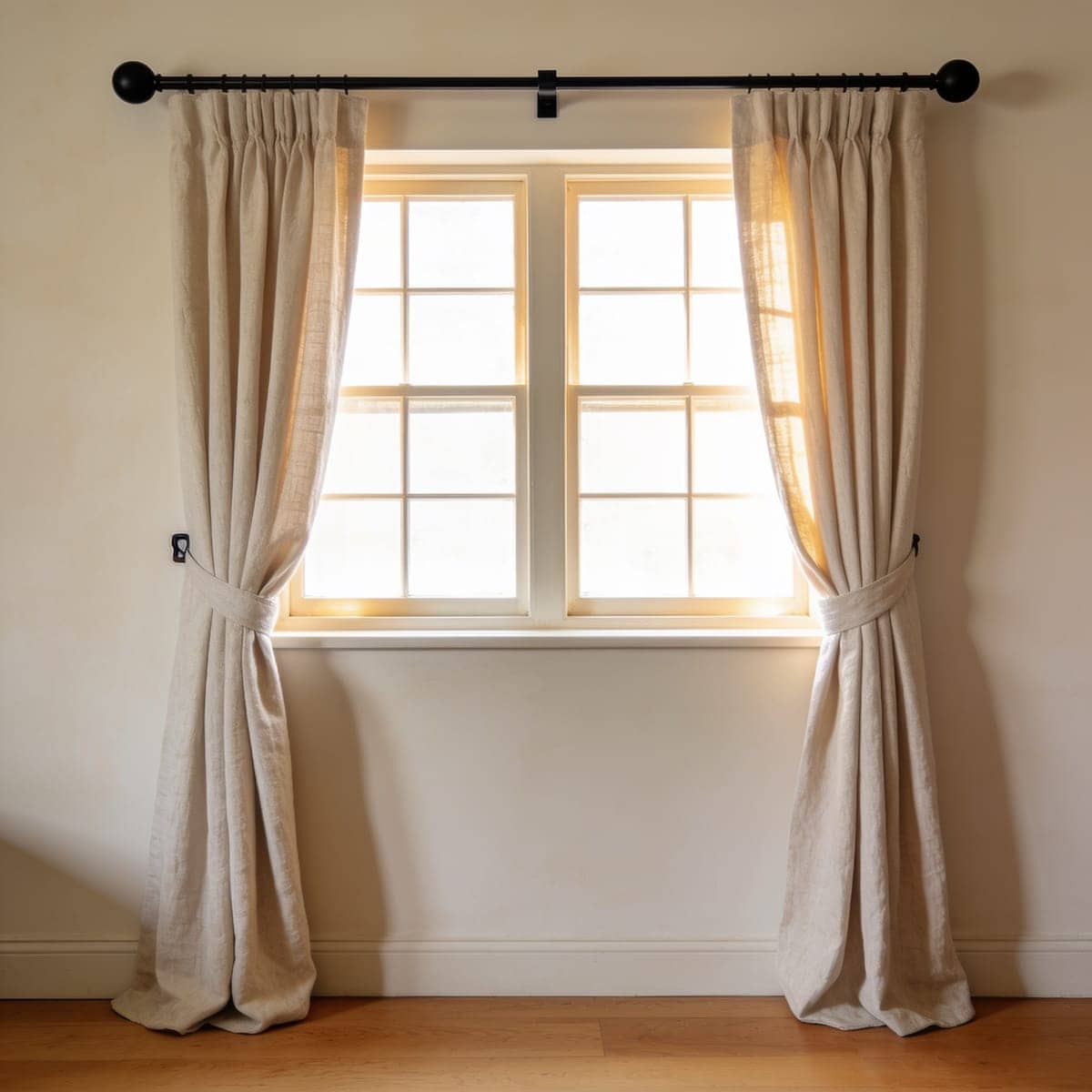 black adjustable curtain rod mounted wide above a window