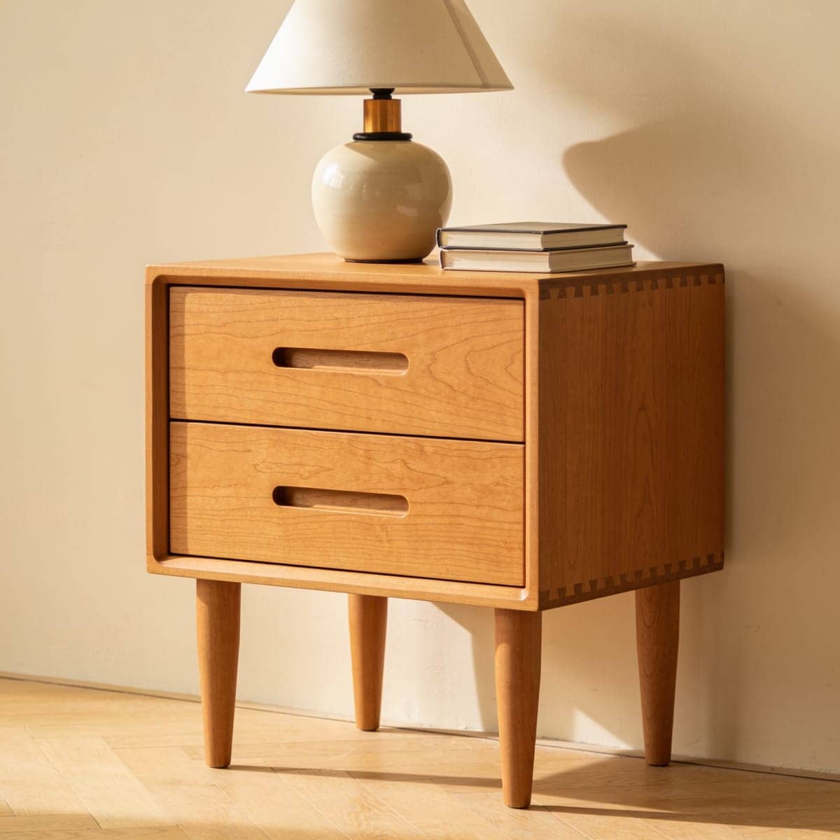 two drawer wood nightstand