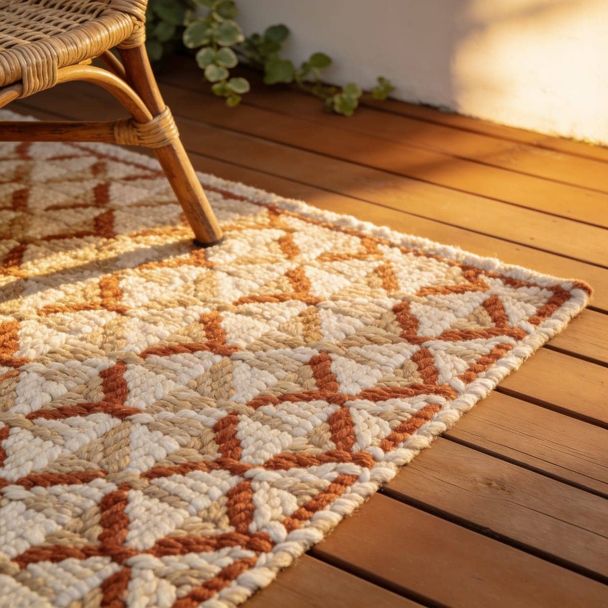 neutral patterned outdoor rug grounding a patio seating area