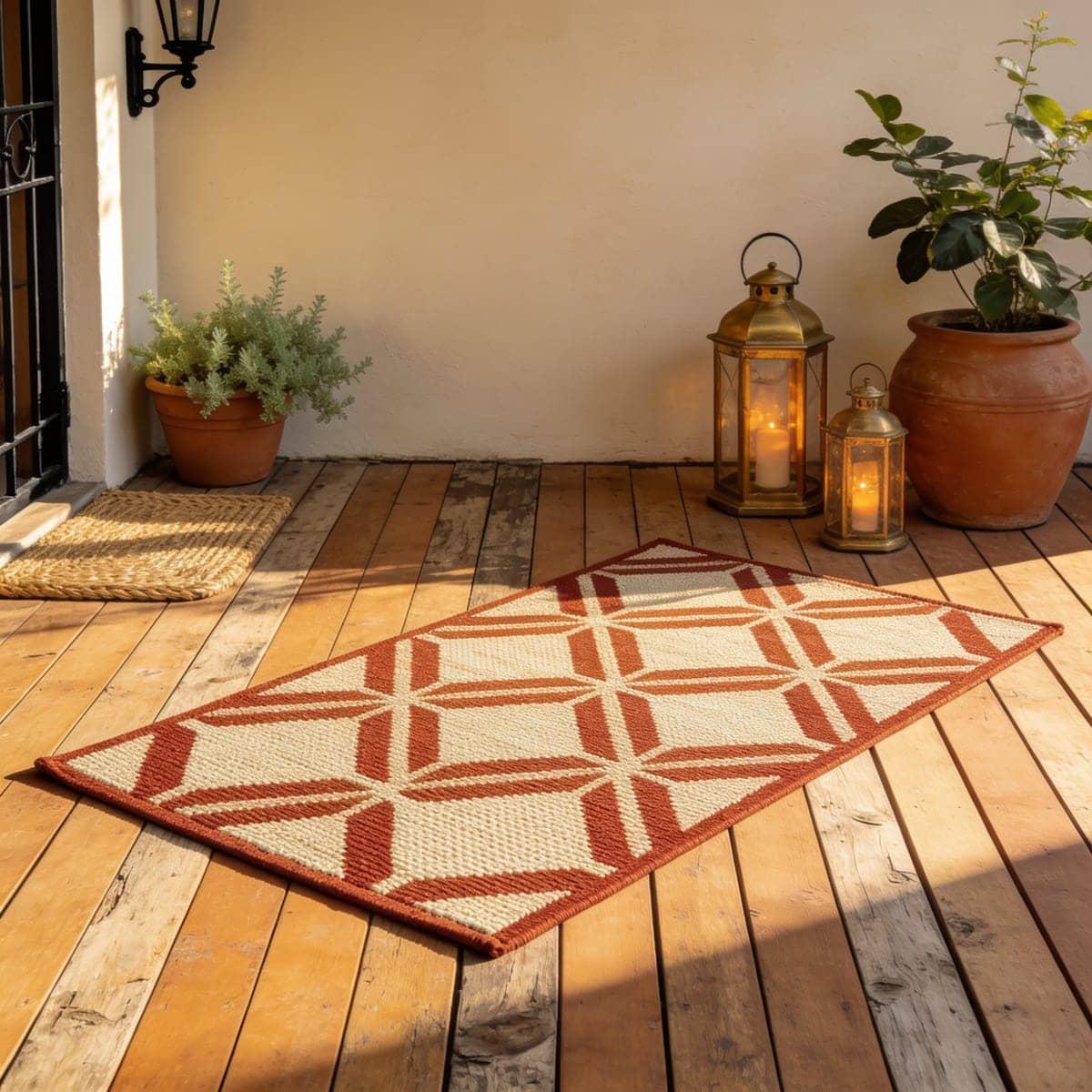 reversible recycled plastic outdoor rug on a patio