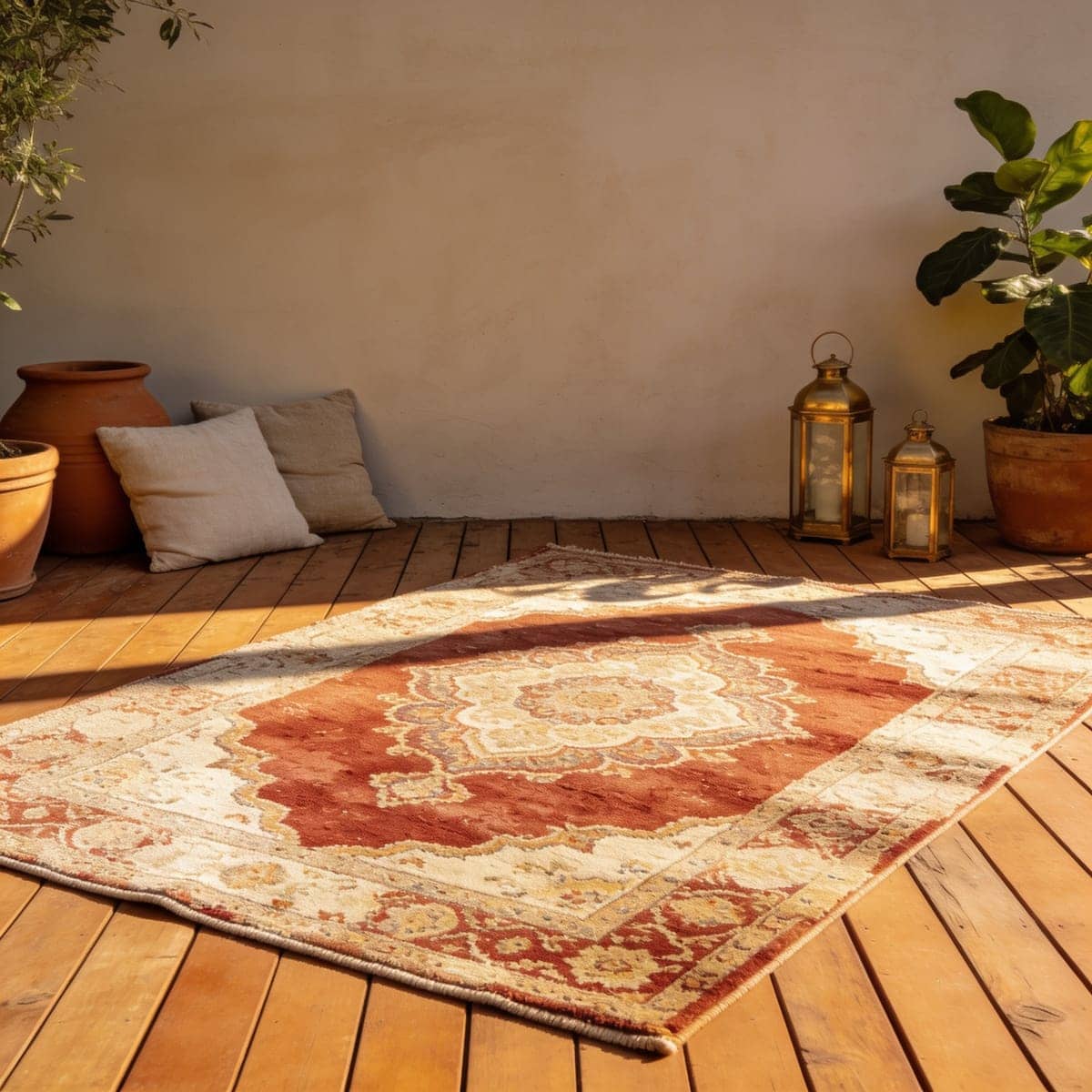 boho medallion outdoor rug under a rattan chair