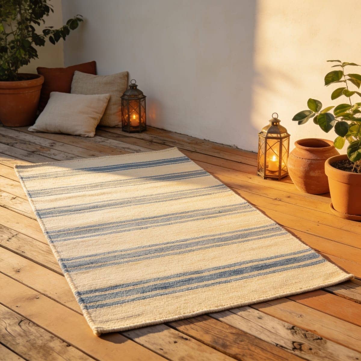 striped cream and blue outdoor rug on a patio