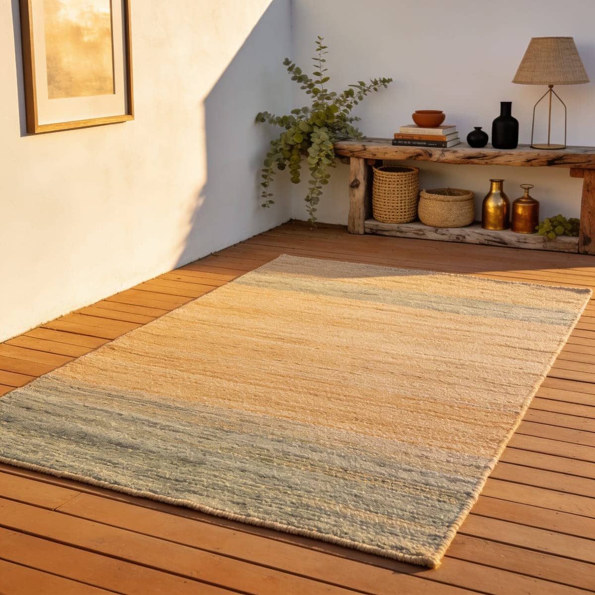 neutral textured beige outdoor rug grounding patio furniture