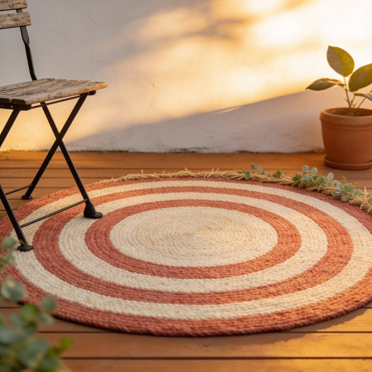 round outdoor rug under a small bistro set