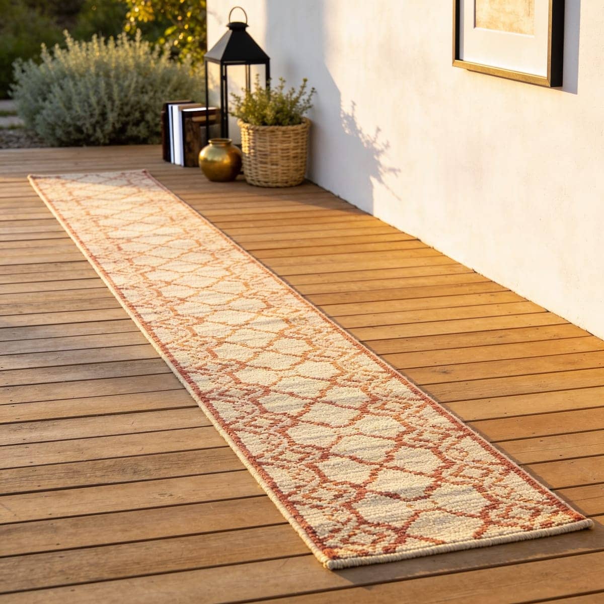 outdoor runner rug along a narrow balcony