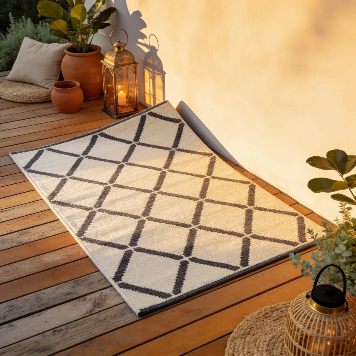 black and cream geometric outdoor rug on a modern patio