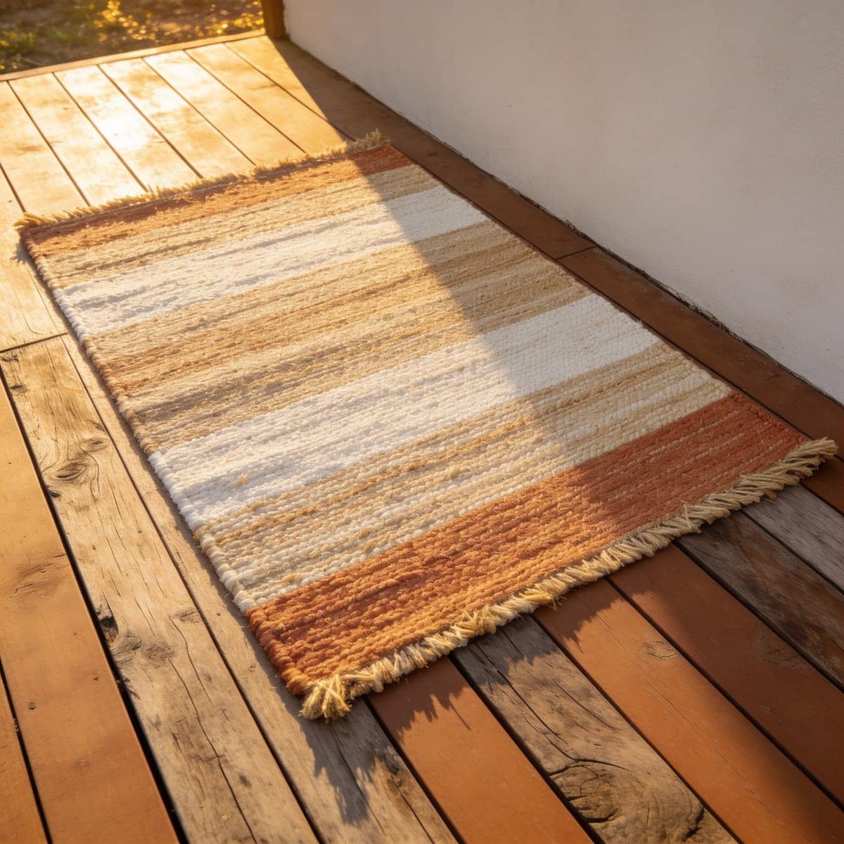 faux jute outdoor rug with a woven texture on a patio