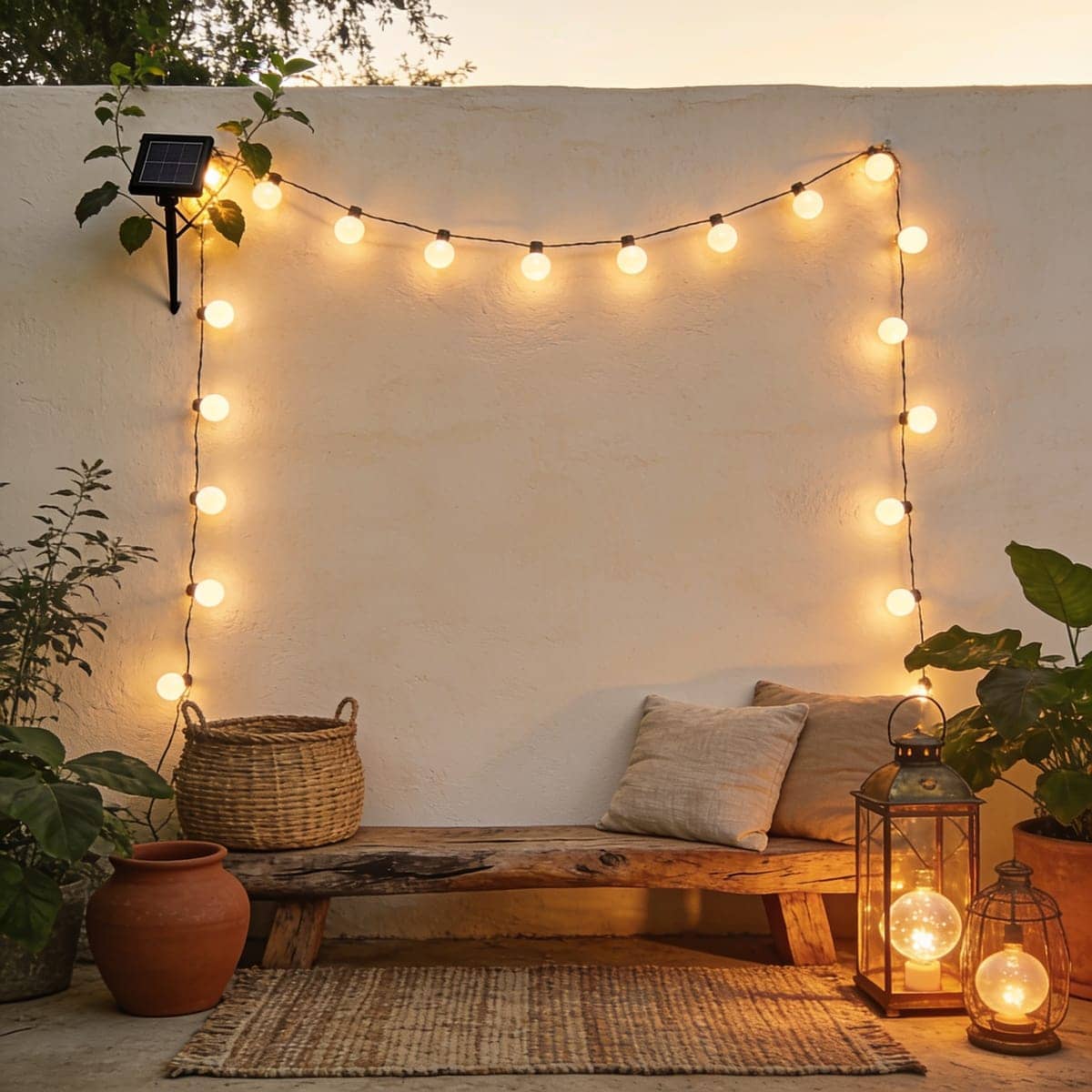 solar outdoor string lights on a balcony rail