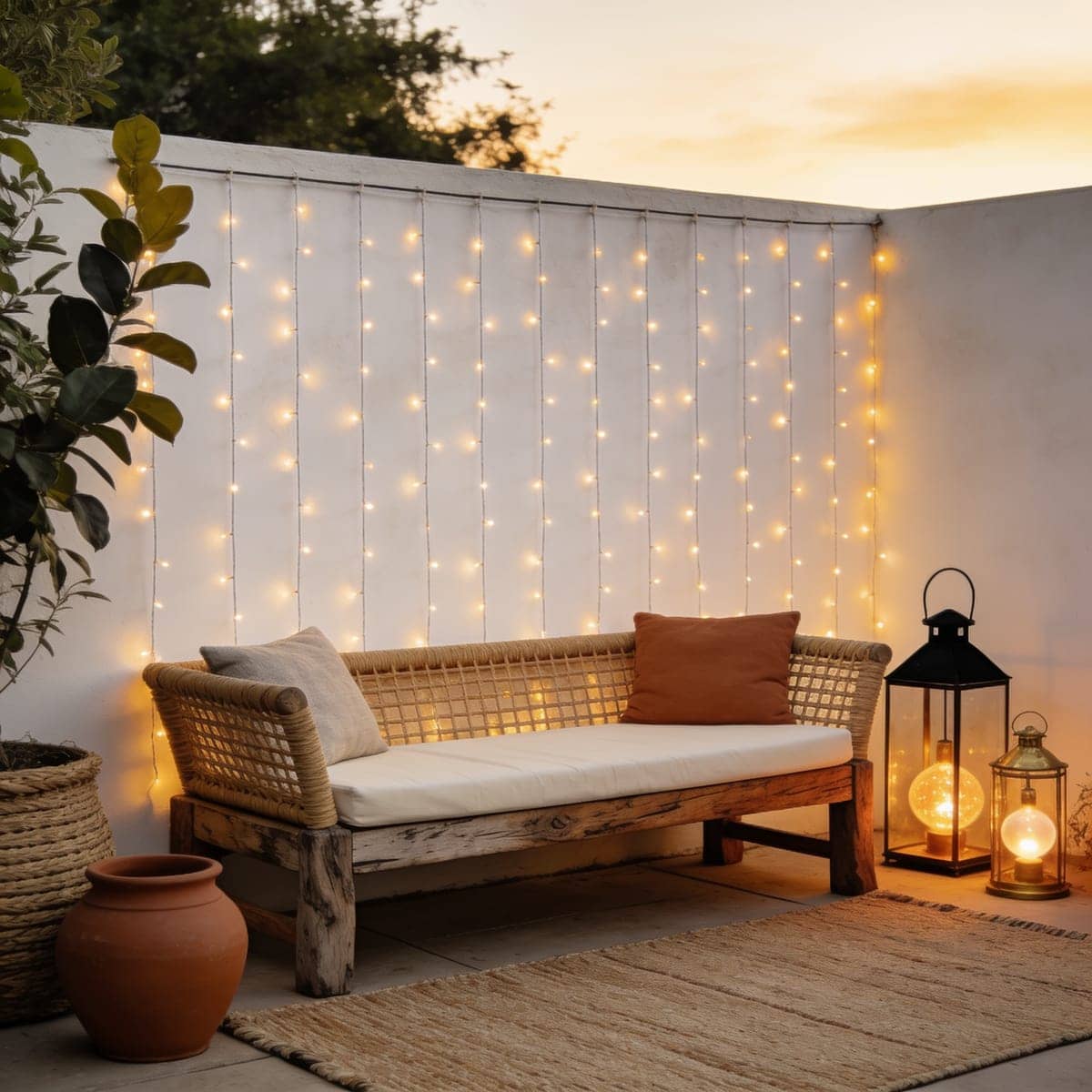 curtain string lights as a glowing wall backdrop