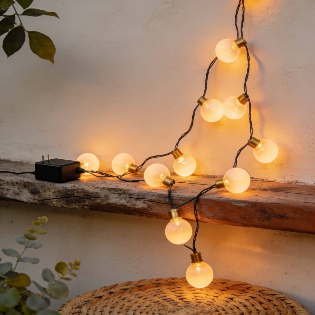 battery operated string lights on a small balcony