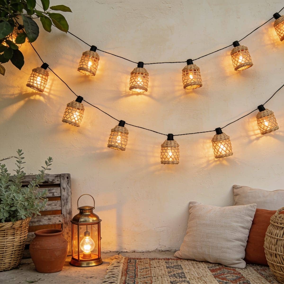 mini lantern string lights over a boho patio