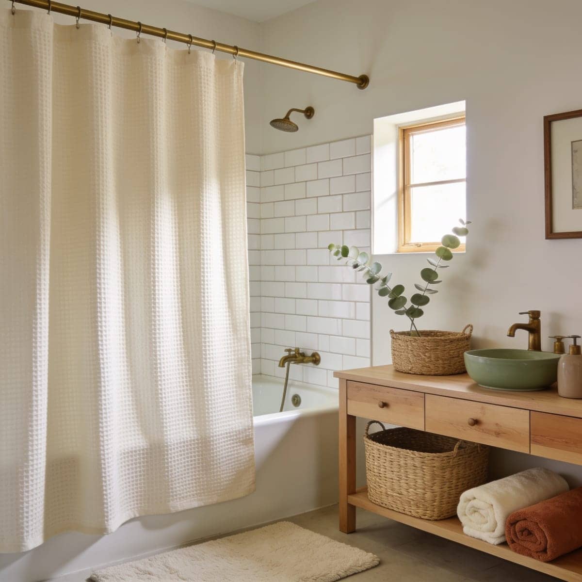 waffle weave shower curtain in a warm neutral tone