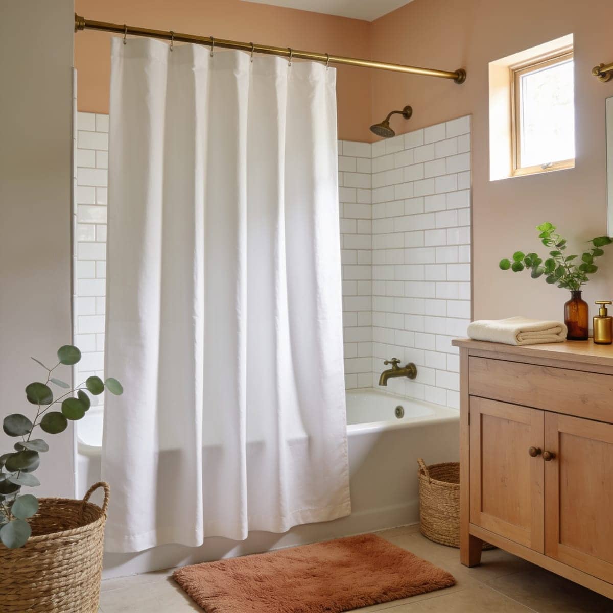 heavy white hotel style cotton shower curtain hanging in clean folds