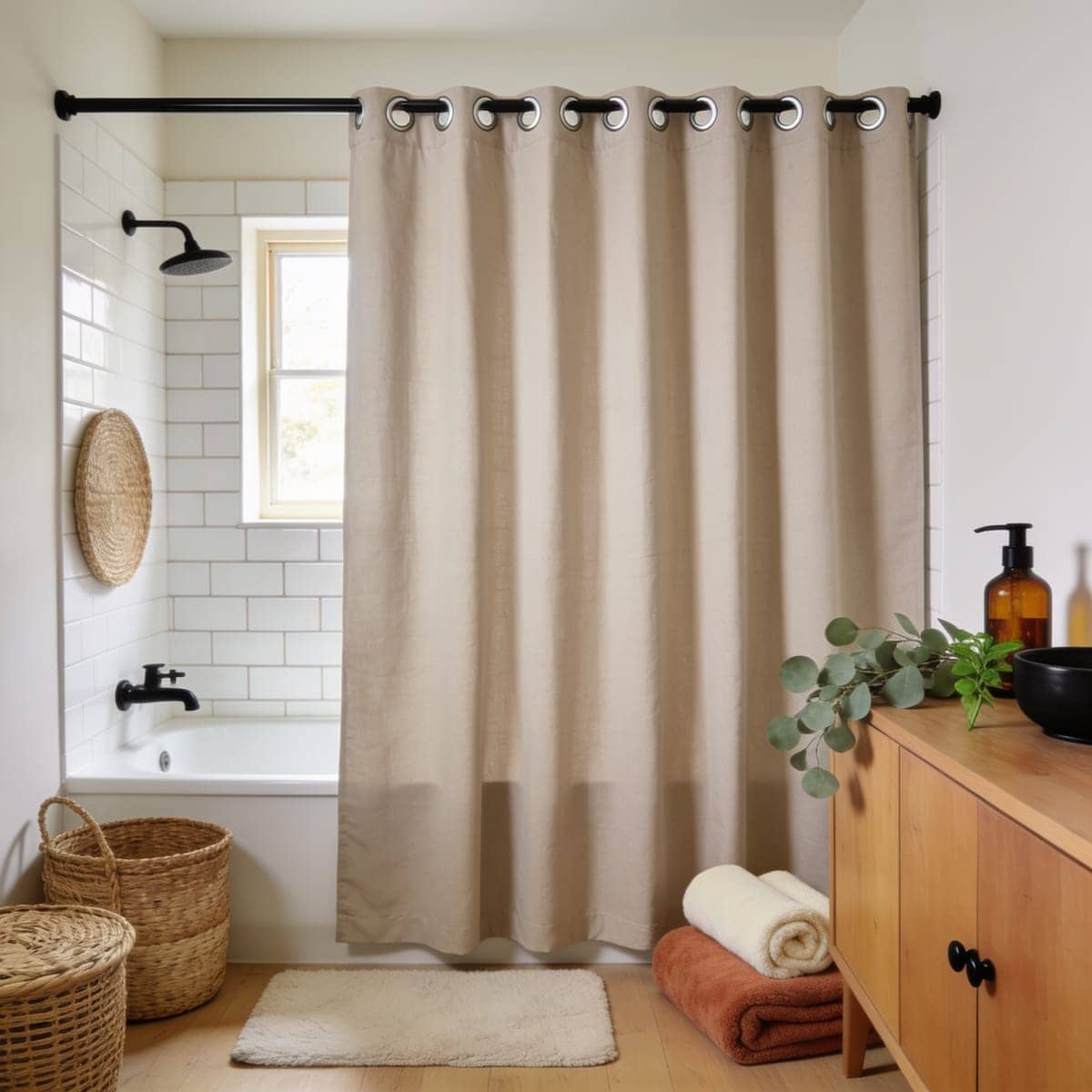 hookless shower curtain snapped onto the rod with a built in liner
