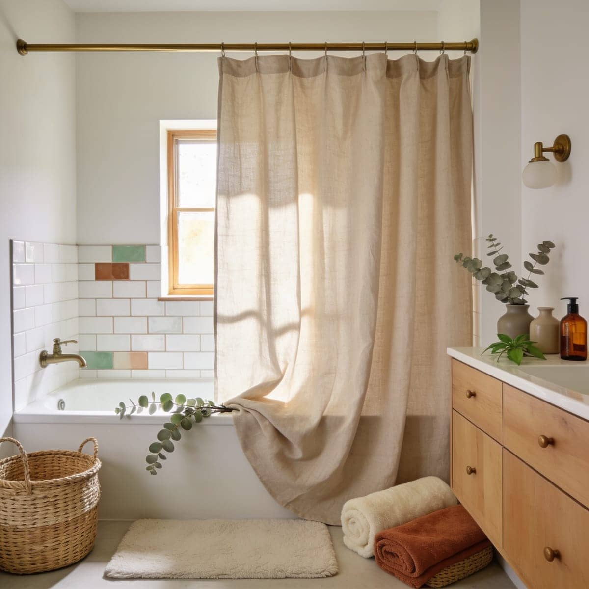 linen look textured shower curtain with a soft natural drape