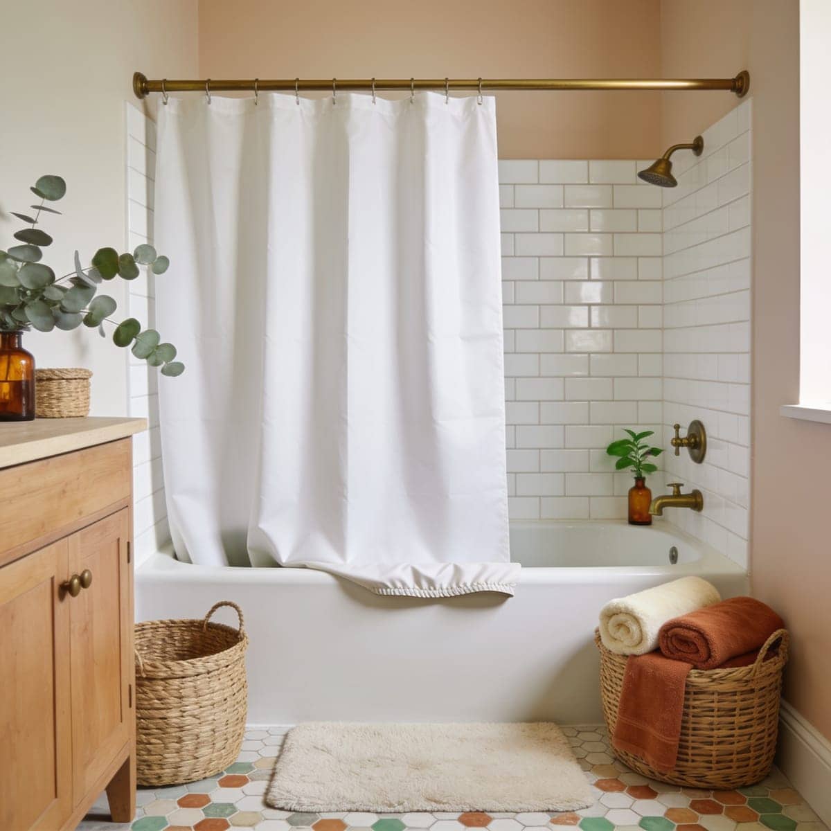 white waterproof fabric shower liner with a weighted hem