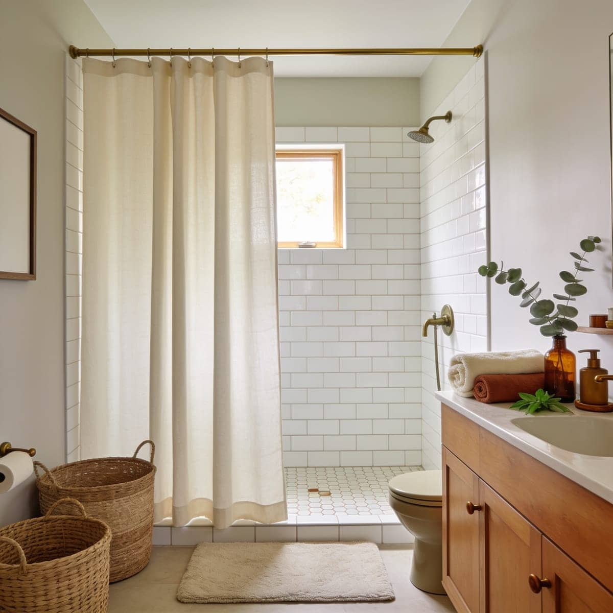 extra long shower curtain reaching the floor of a walk in shower