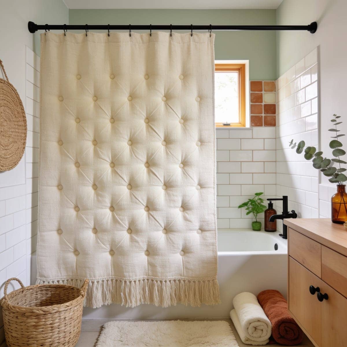 cream tufted boho shower curtain with fringe detail and texture