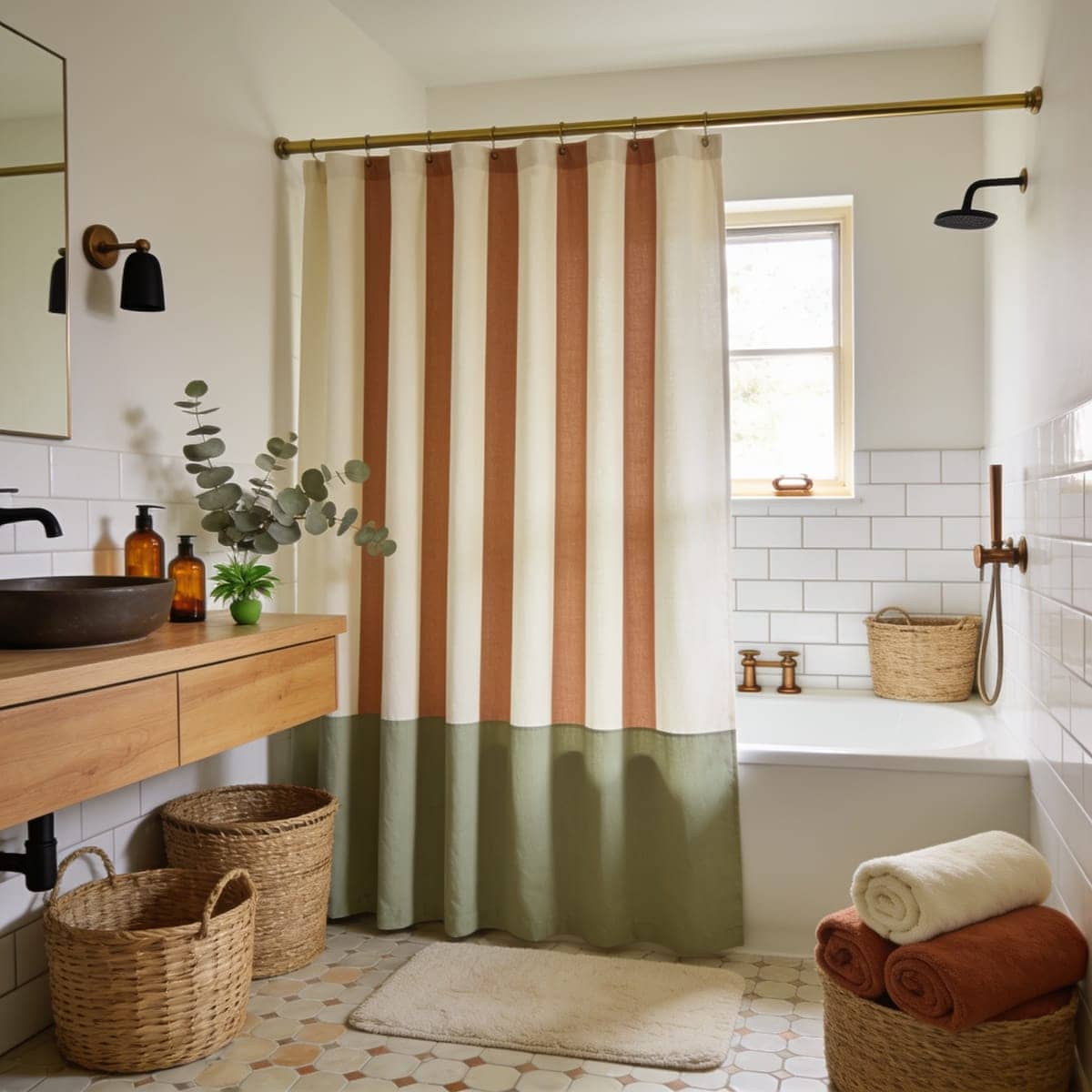 vertical stripe shower curtain making a small bathroom feel taller