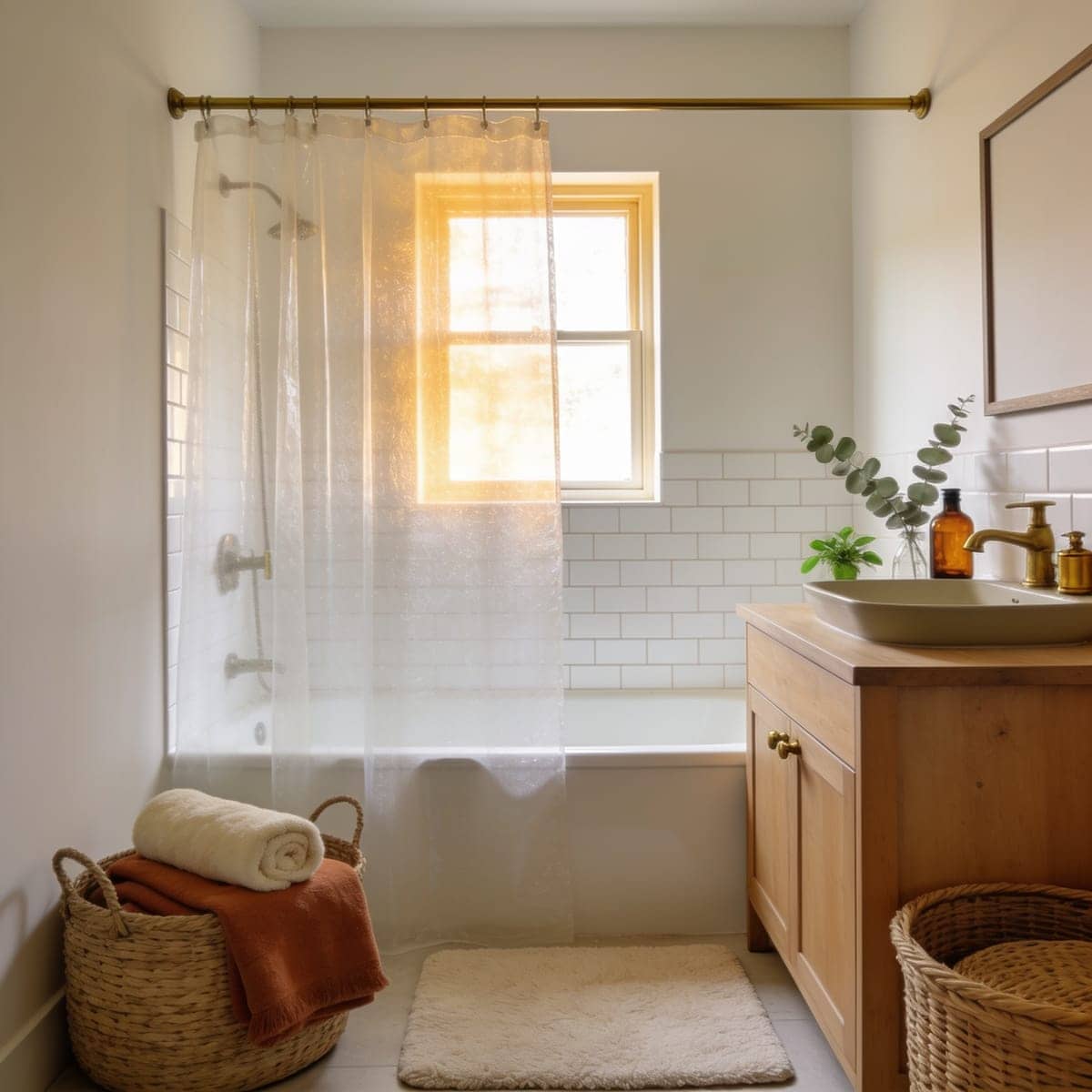 clear frosted peva shower curtain letting light into a windowless bathroom
