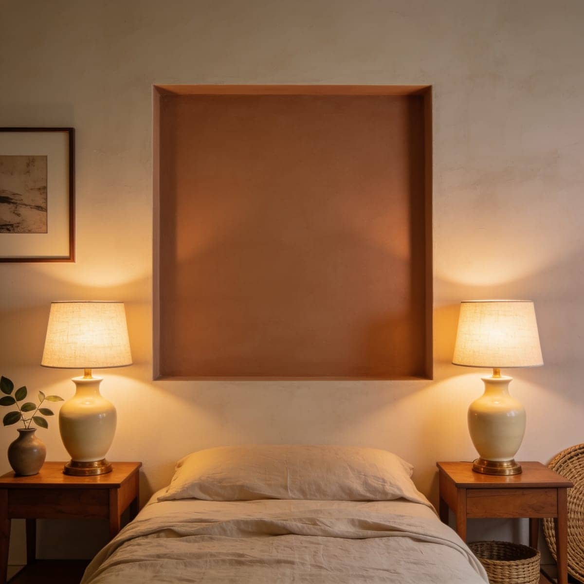 a matching pair of bedside table lamps on two nightstands