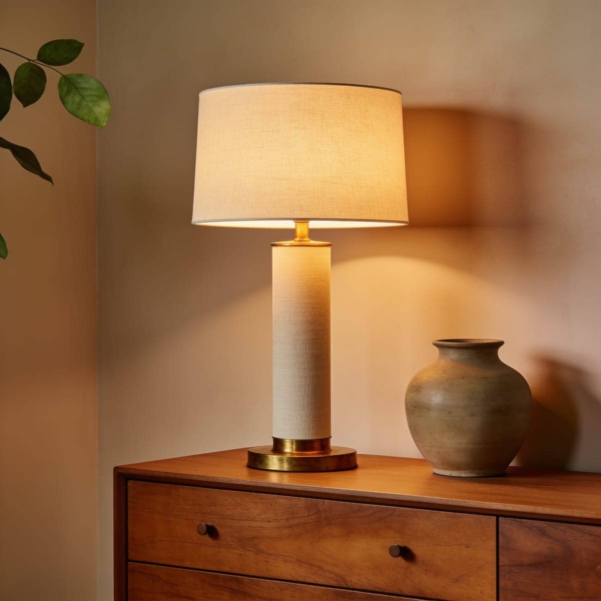 tall linen column table lamp on a dresser against a warm wall