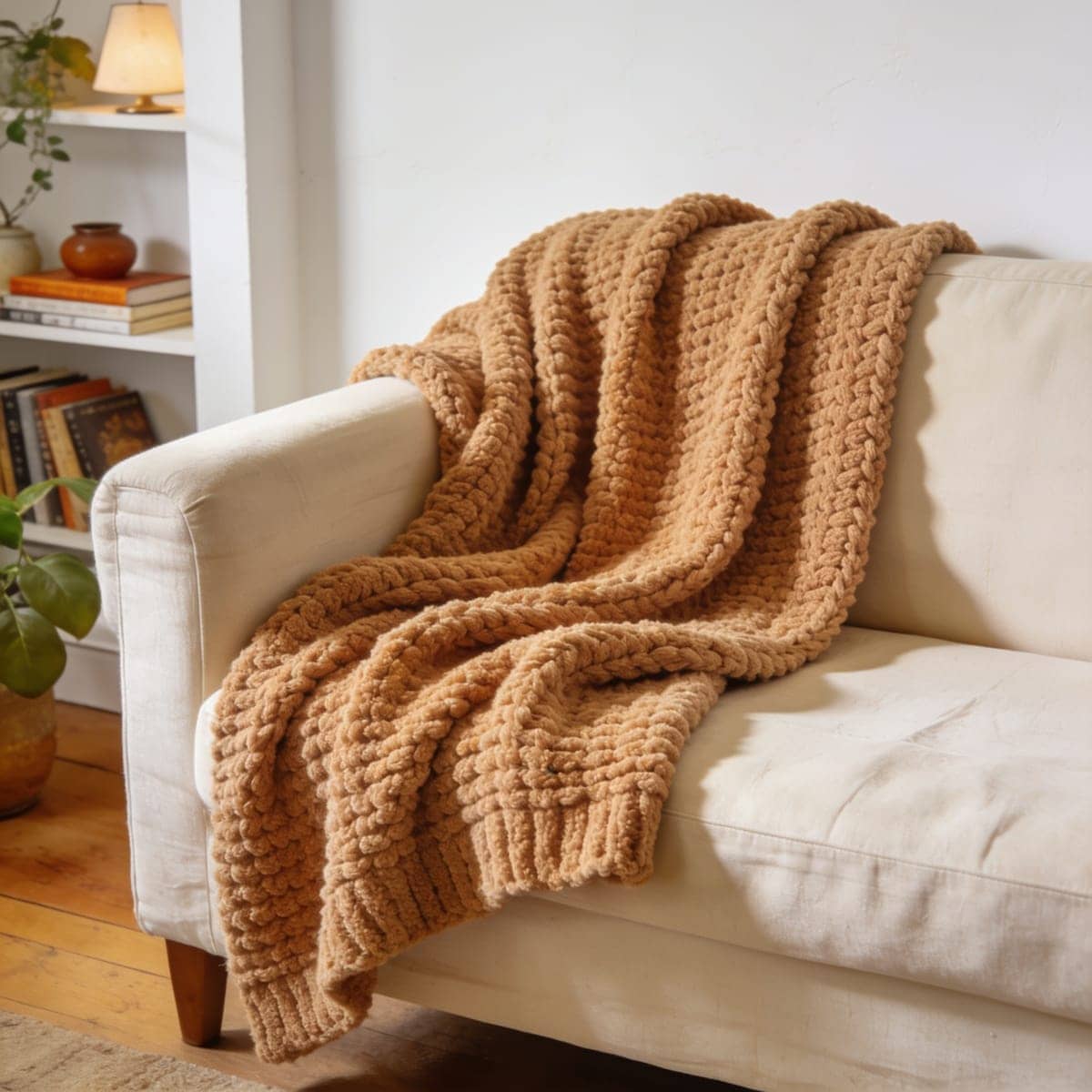 chunky knit throw draped over a sofa arm in a warm room