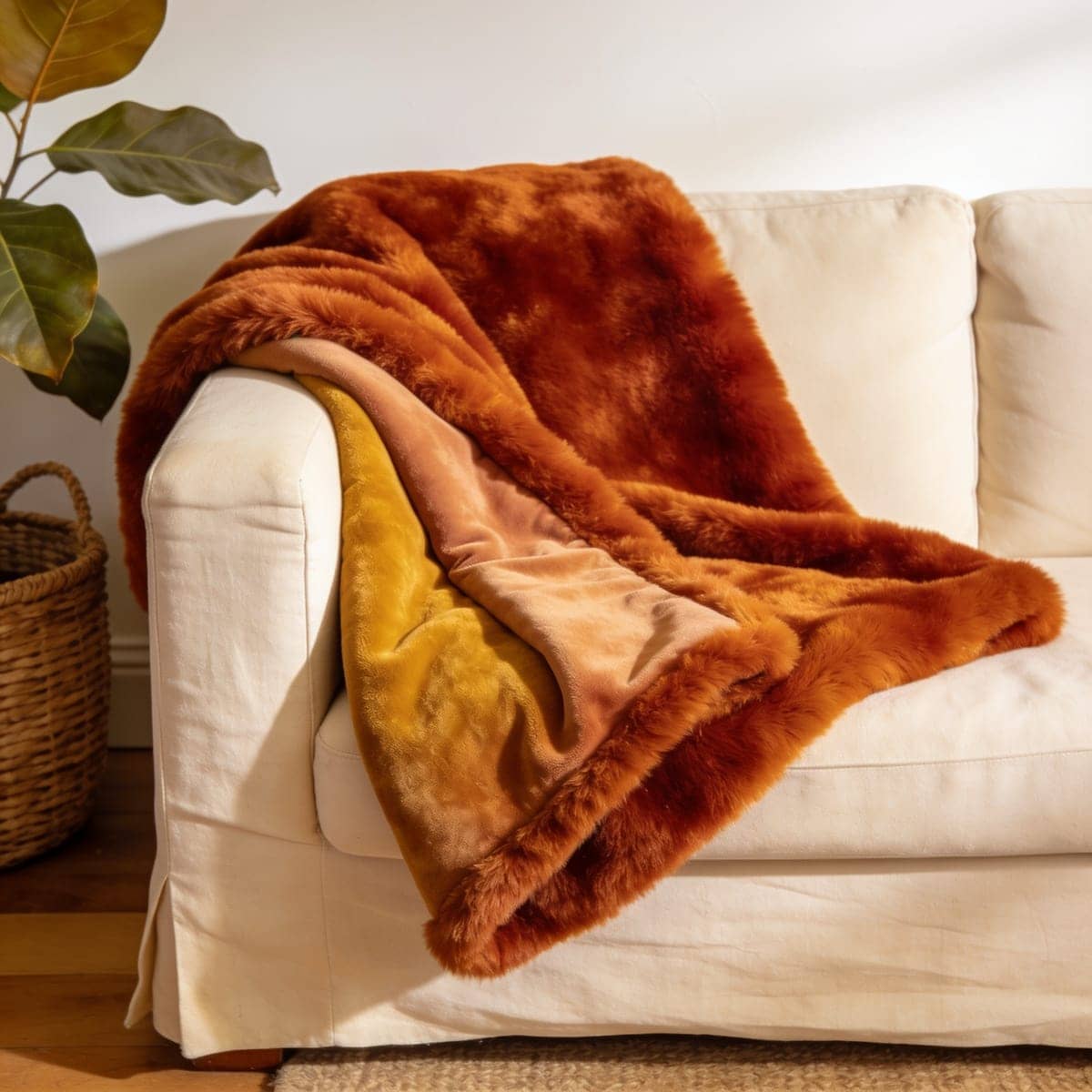plush faux fur throw folded on a couch