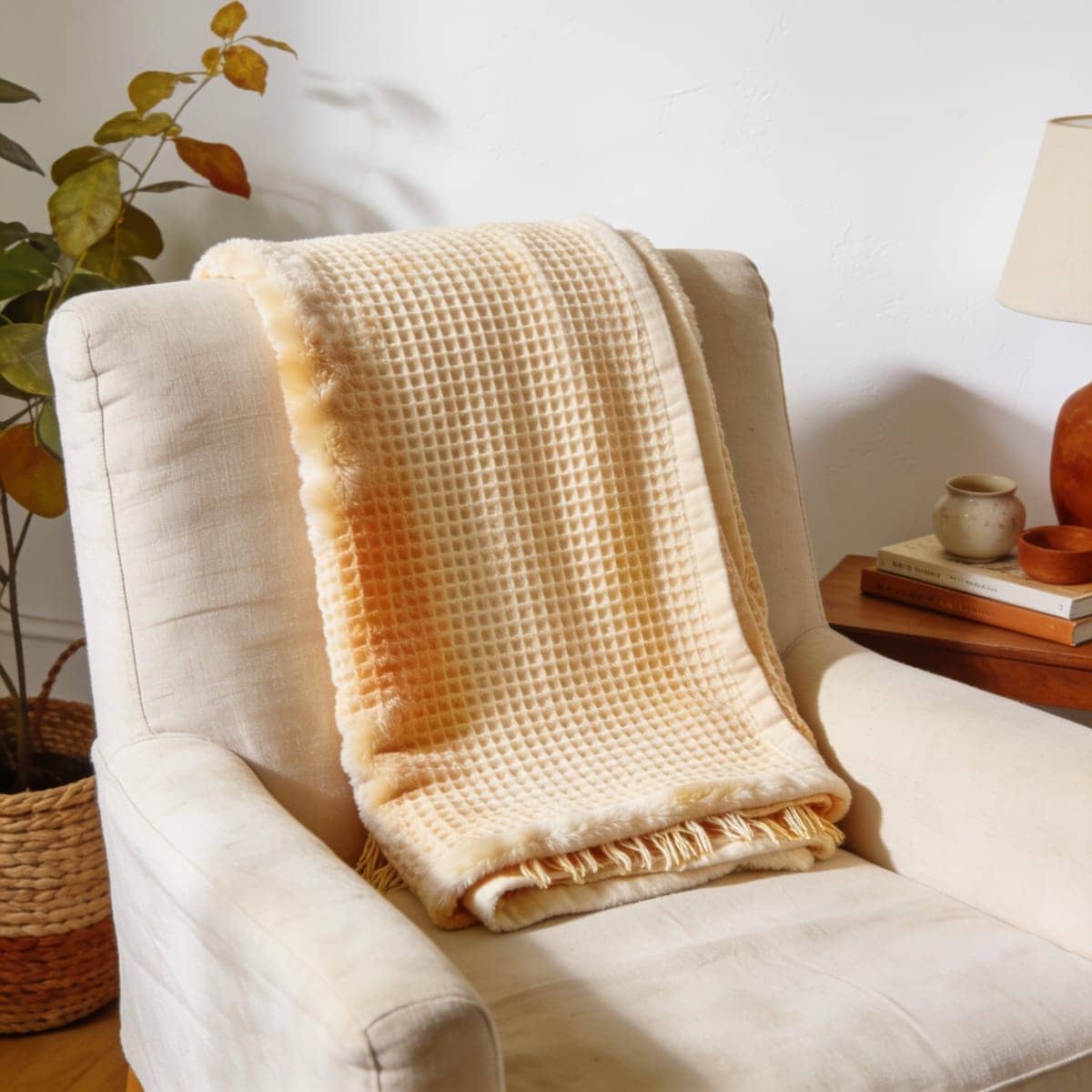 waffle weave cotton throw in cream over an armchair