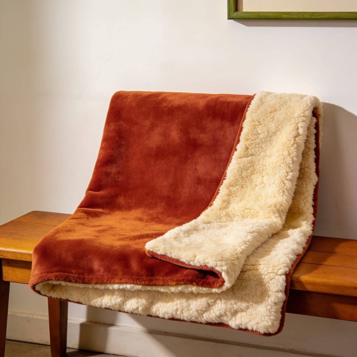 reversible sherpa fleece throw in rust folded on a bed