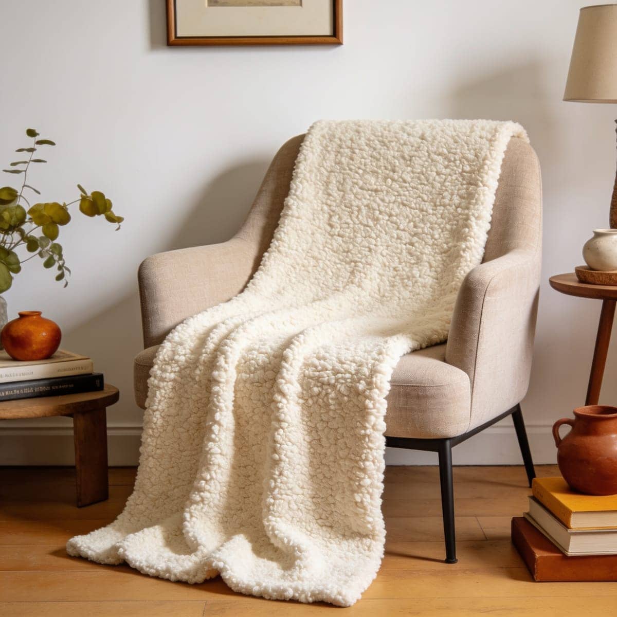 neutral boucle textured throw on a modern armchair