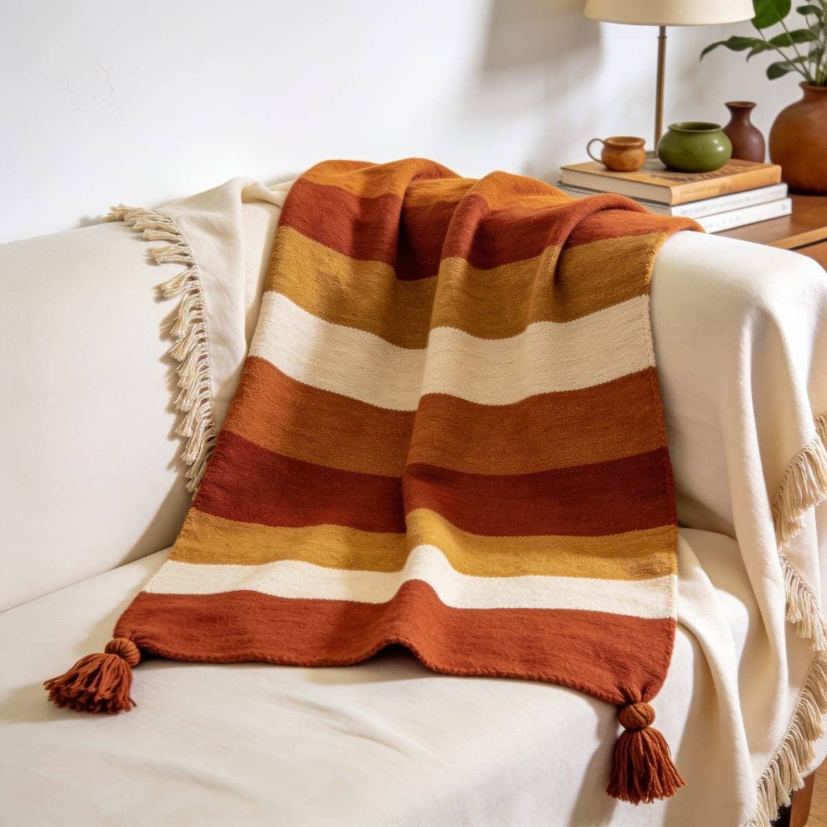 fringed cotton throw with tassels draped over a chair arm