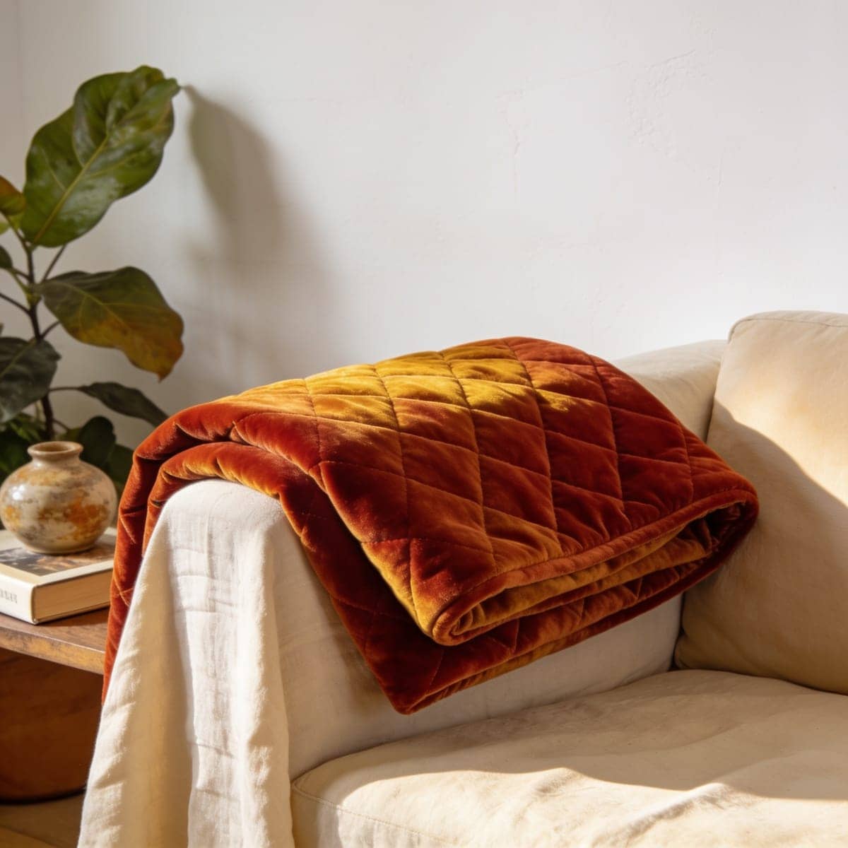 quilted velvet throw in deep amber on a sofa