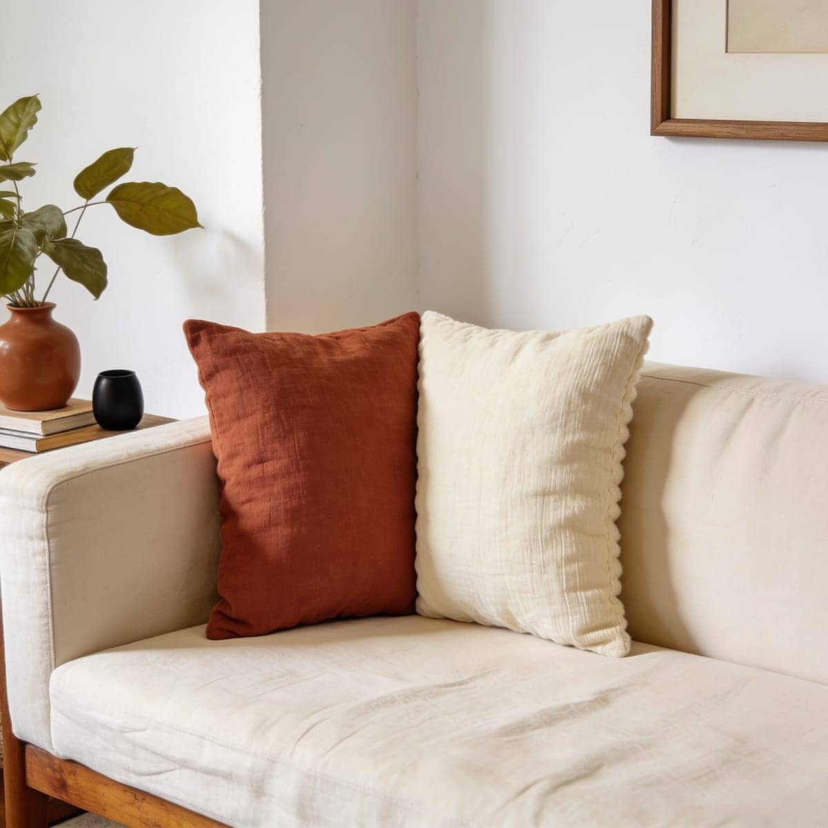 washed linen pillow covers in terracotta and cream on a sofa