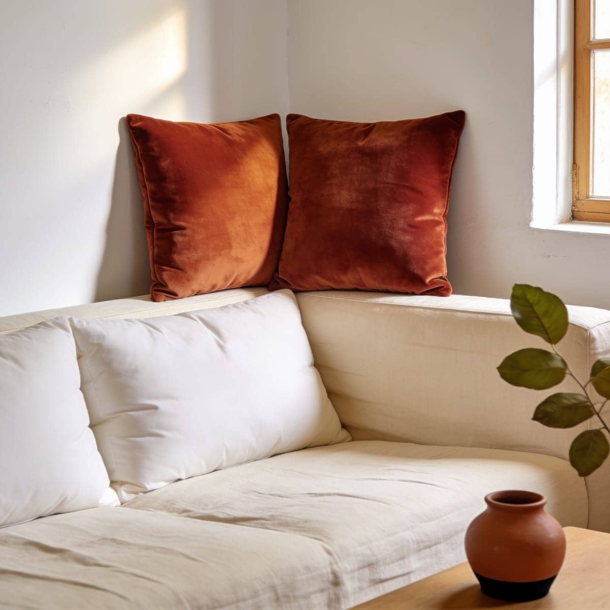 rust velvet pillow covers catching the light on a neutral sofa